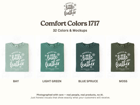 Folded crewneck t-shirts in bay, light green, blue spruce, and moss, flat lay mockups