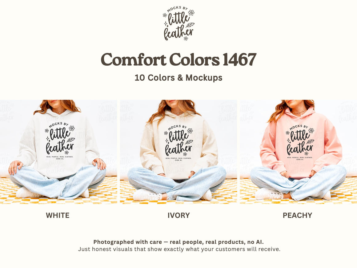 The image is a collage of three photos featuring a person sitting cross-legged on a checkered surface, wearing a white, ivory, and peach-colored hoodie with the text "MOCKS BY LITTLE FEATHER" printed on it.