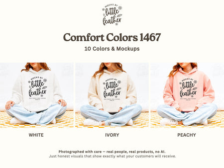 The image is a collage of three photos featuring a person sitting cross-legged on a checkered surface, wearing a white, ivory, and peach-colored hoodie with the text "MOCKS BY LITTLE FEATHER" printed on it.