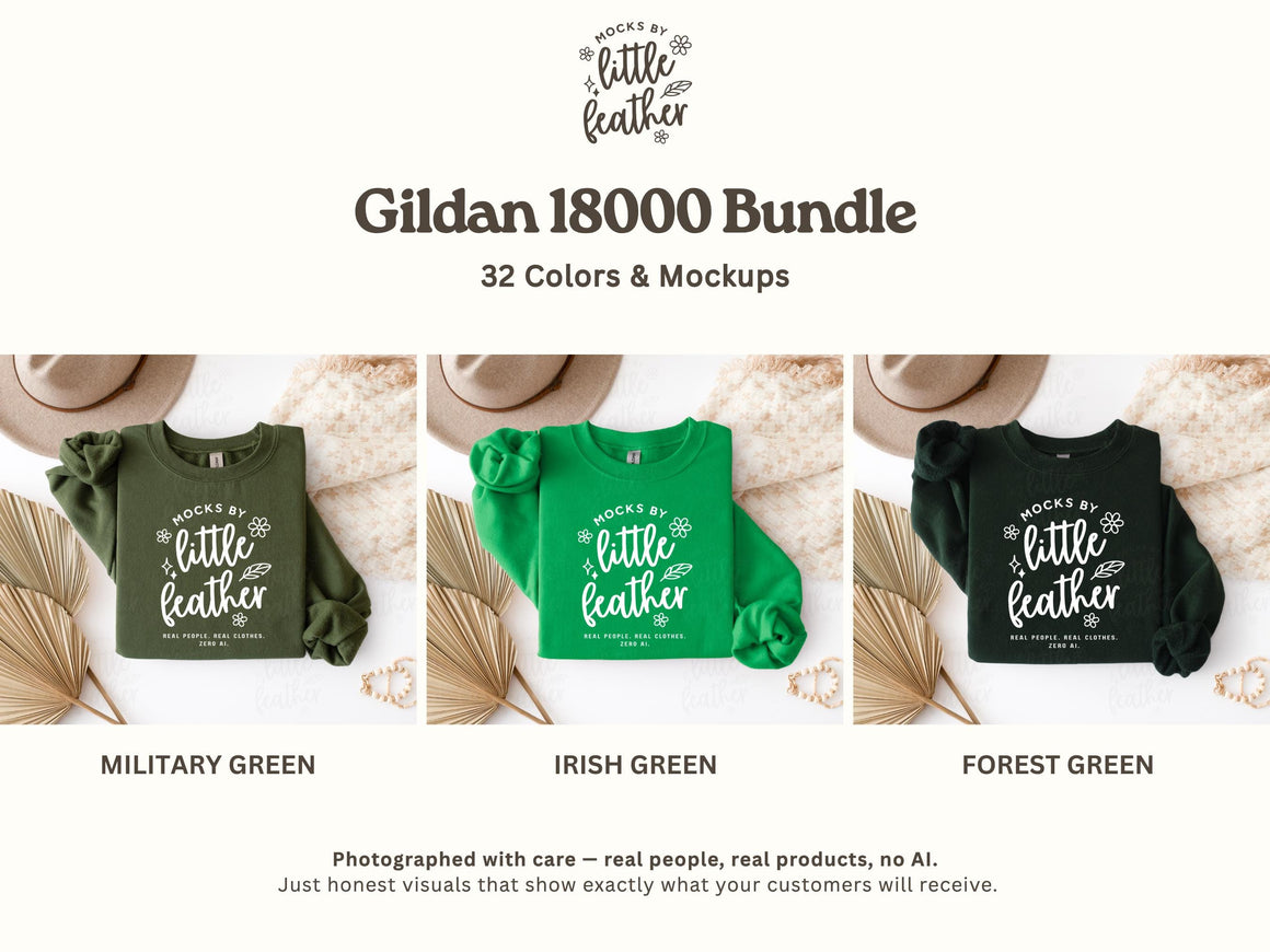 The image is a collage of three images showing different color variations of a green t-shirt with the text "MOCKS BY LITTLE FEATHER" printed on it.