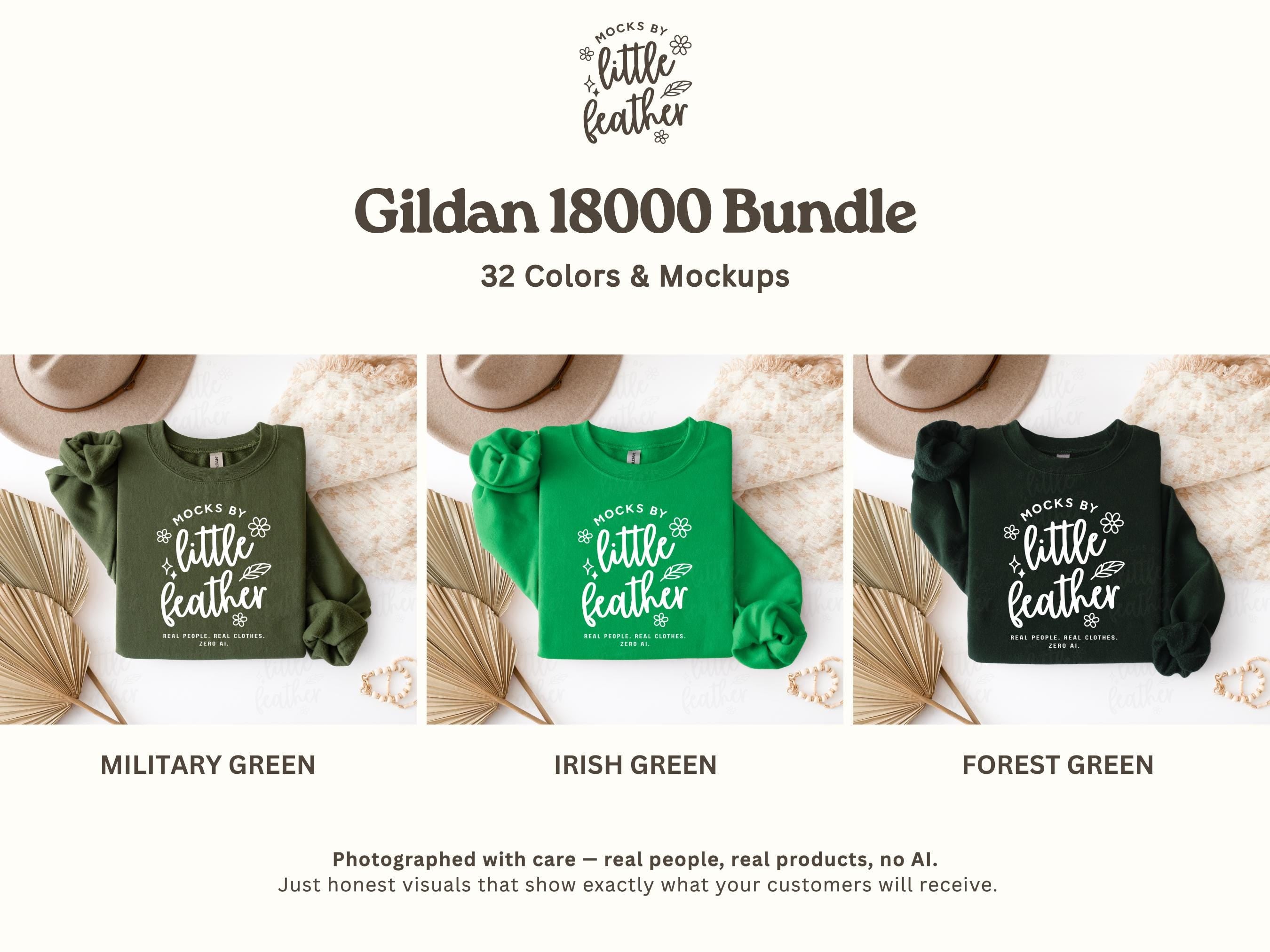 The image is a collage of three images showing different color variations of a green t-shirt with the text "MOCKS BY LITTLE FEATHER" printed on it.
