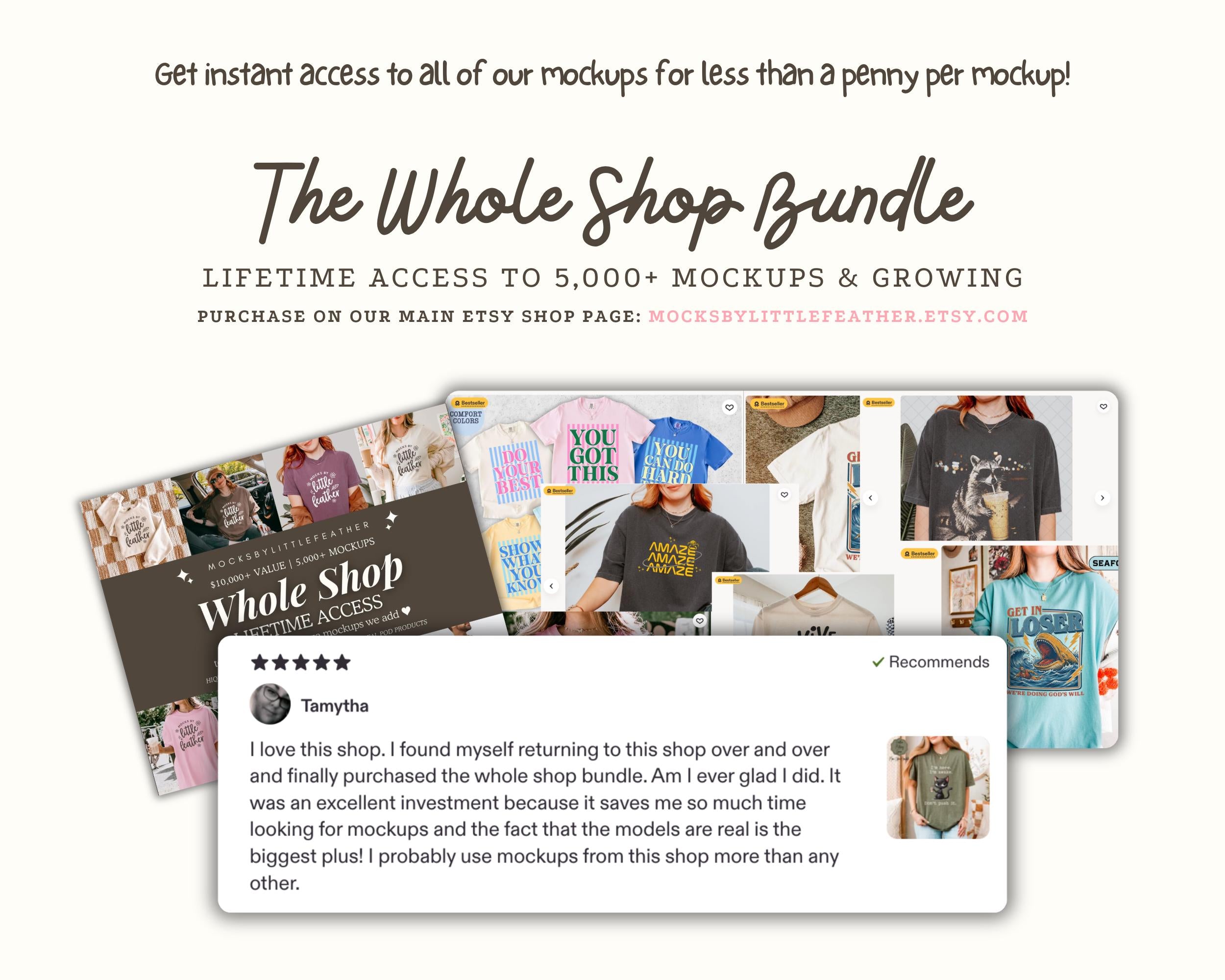 Whole shop bundle promotional card showing mockup screenshots and customer review
