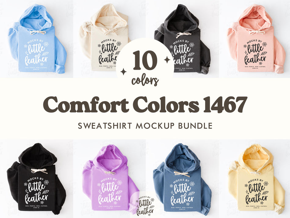 Hoodie sweatshirt mockup bundle showing 10 color hoodies with front designs