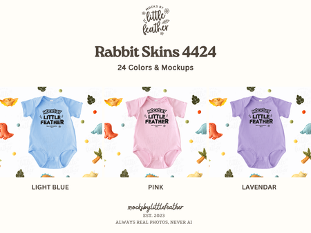 The image is a collection of baby onesies in various colors, including light blue, pink, lavender, and purple, arranged in a row.