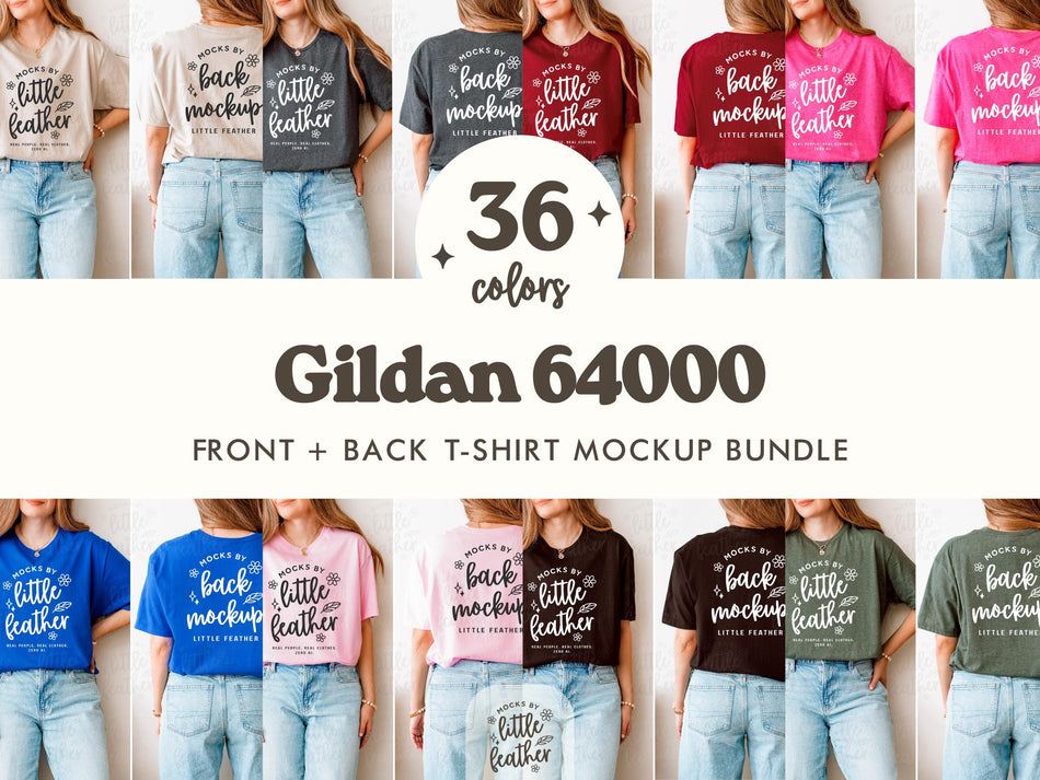 T-shirt mockup bundle showing front and back views with printed graphics in multiple colors
