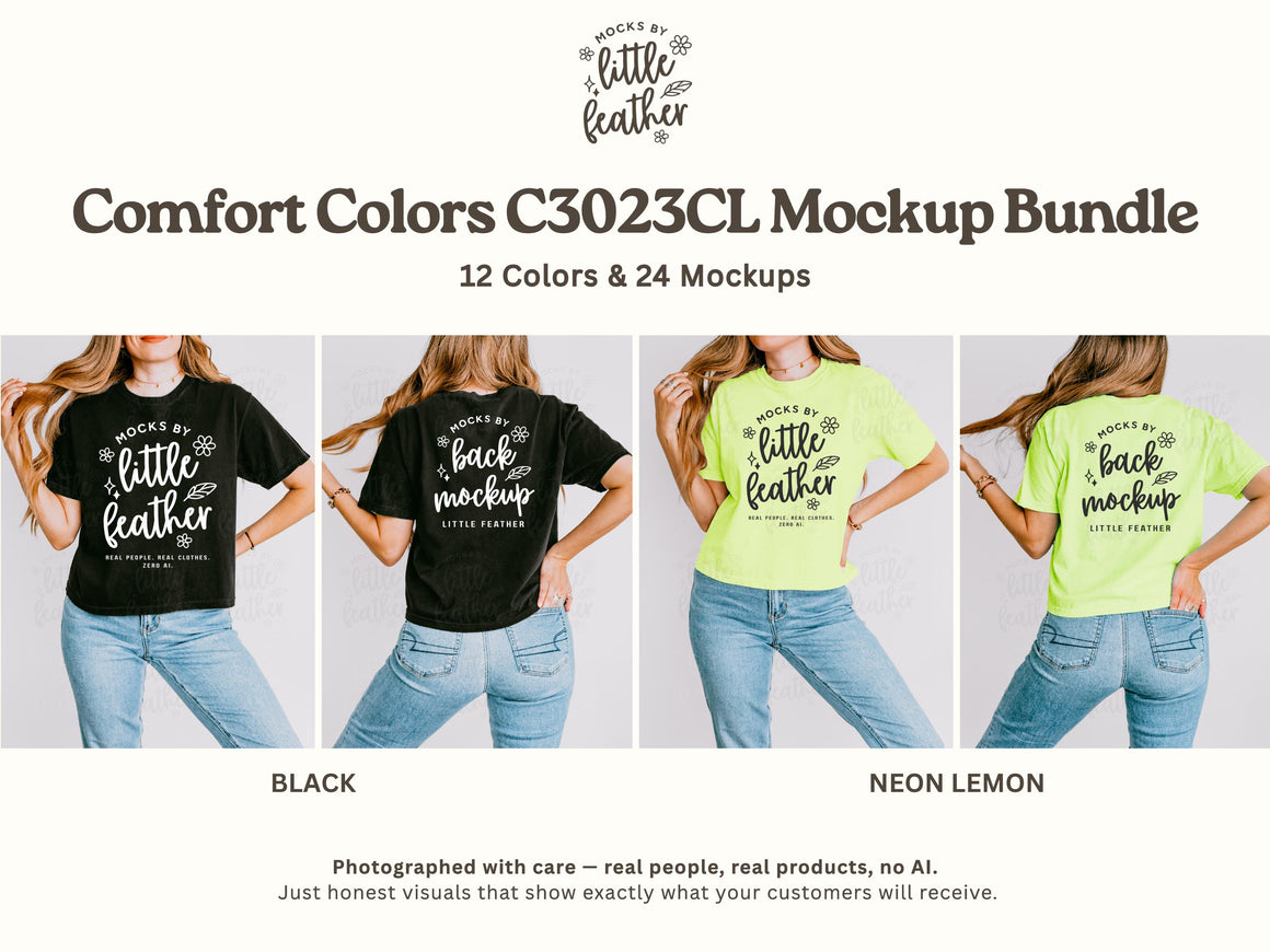 Boxy crop T-shirt mockups on model, black and neon lime front prints