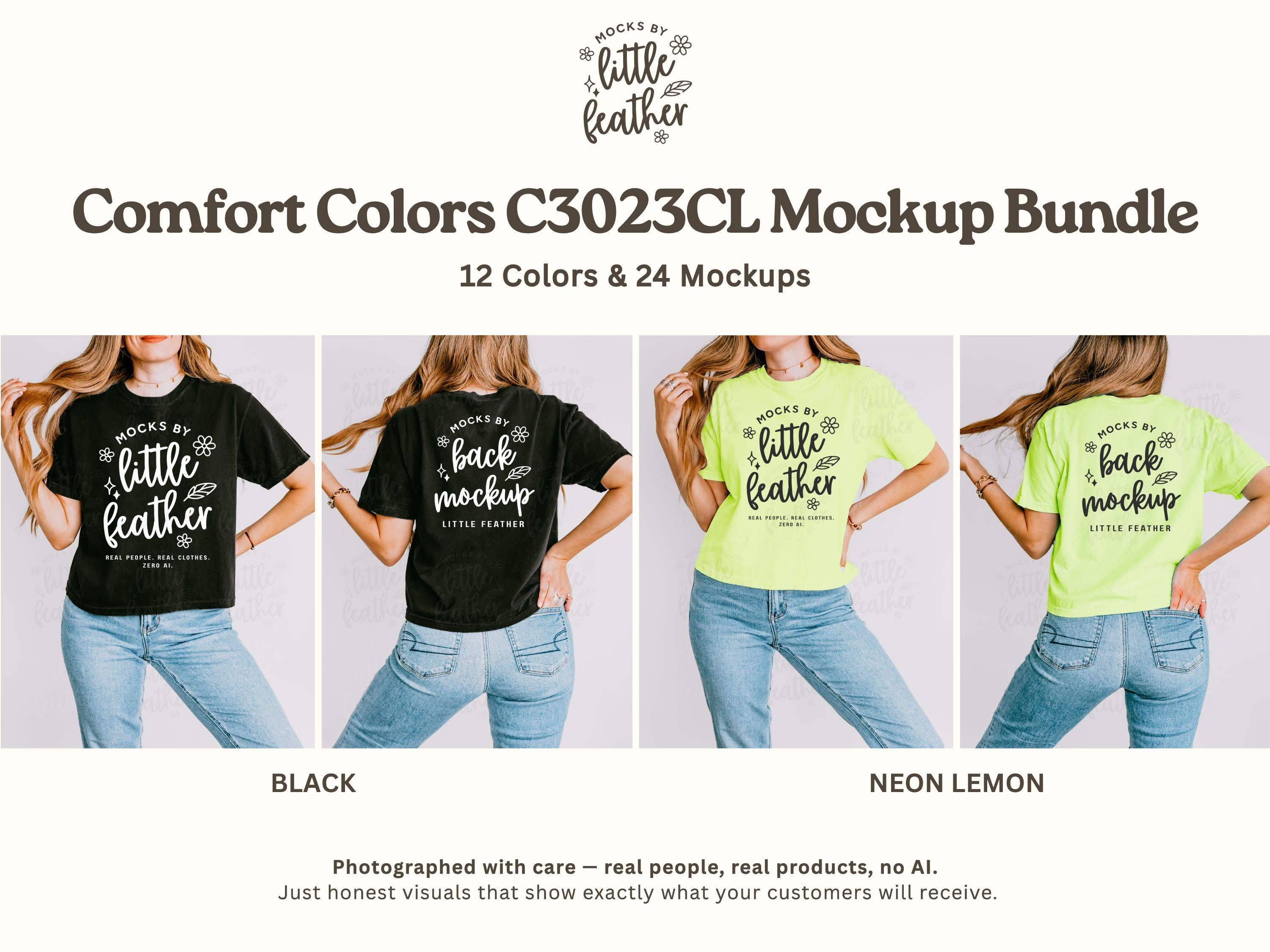 Boxy crop T-shirt mockups on model, black and neon lime front prints
