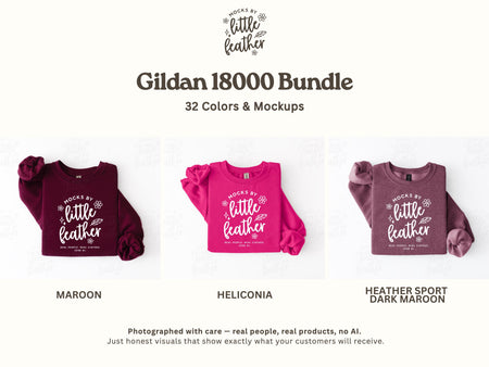 The image is a promotional graphic for a Gildan 1800 Bundle, which includes 32 different colors and mockups of shirts. The shirts are displayed in three different color schemes: maroon, helicolonia, and dark maroon. The image also includes text that describes the product as "Photographed with care - real people, real products, no AI. Just honest visuals that show exactly what your customers will receive."