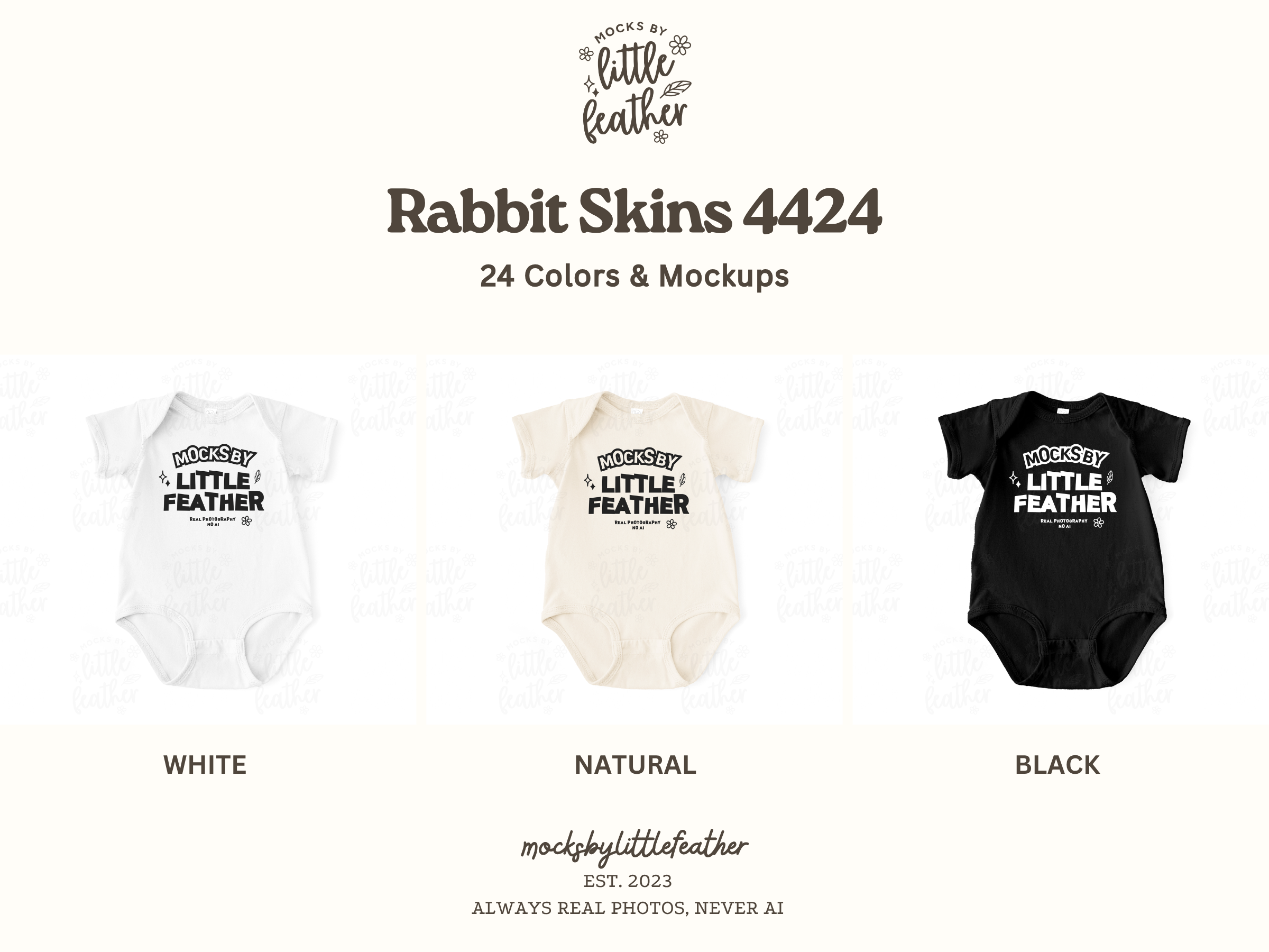 three baby onesies in different colors: white, natural, and black. The text above the onesies reads "Rabbit Skins 4424" and below the onesies, it says "24 Colors & Mockups".