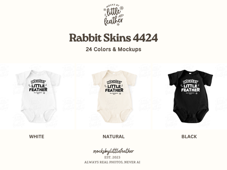three baby onesies in different colors: white, natural, and black. The text above the onesies reads "Rabbit Skins 4424" and below the onesies, it says "24 Colors & Mockups".