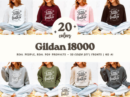 Gildan 18000 Mockup Bundle (g180) featuring 20 cozy crewneck sweater colors and front-facing sweatshirt mockups. Each G18000 mockup showcases a clean front view — perfect for Print on Demand (POD) sellers on Etsy and beyond. Designed in a bright studio with a real model, this set includes no AI — just real fabric, real products, and scroll-stopping style. Created by MocksByLittleFeather, this mockup bundle is ideal for showcasing your designs with simple, trendy, and high-quality visuals