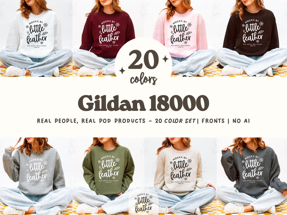 Gildan 18000 sweatshirt mockup bundle, front prints in multiple colors
