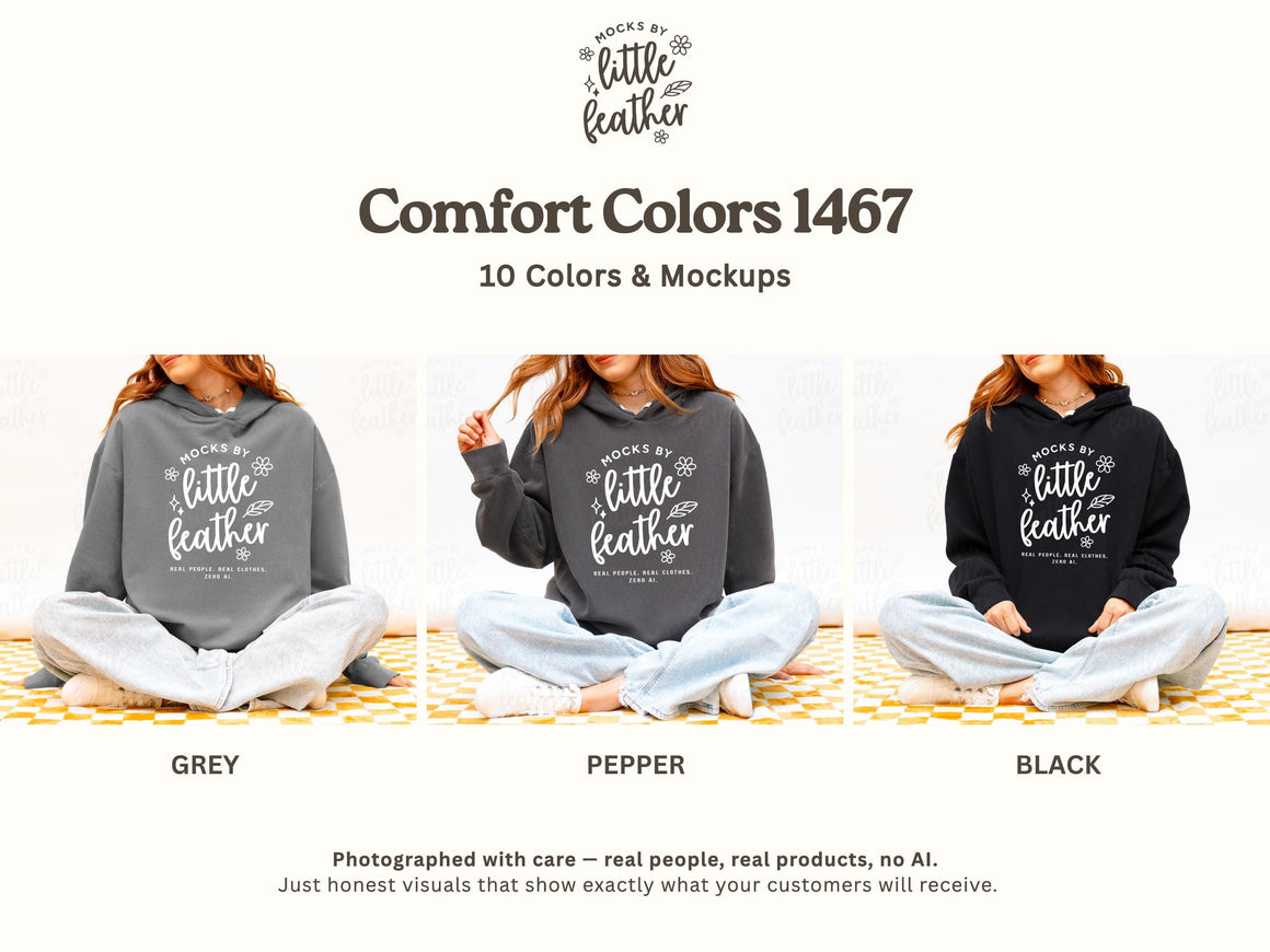 The image is a collage of three photos featuring a person sitting on a checkered surface wearing a gray hoodie with the text "MOCKS BY LITTLE FATHER" printed on it.