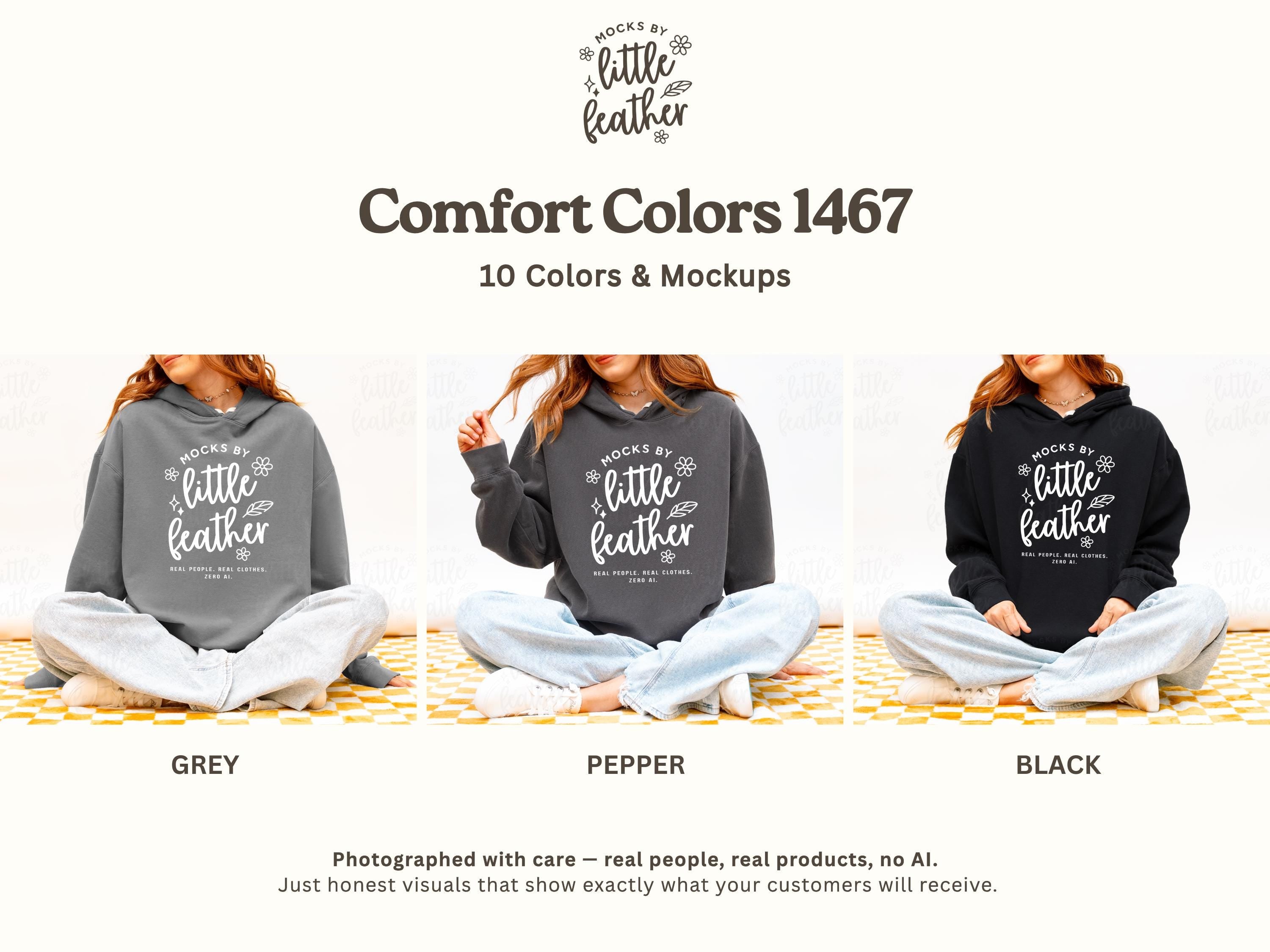 The image is a collage of three photos featuring a person sitting on a checkered surface wearing a gray hoodie with the text "MOCKS BY LITTLE FATHER" printed on it.