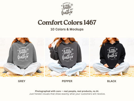 The image is a collage of three photos featuring a person sitting on a checkered surface wearing a gray hoodie with the text "MOCKS BY LITTLE FATHER" printed on it.