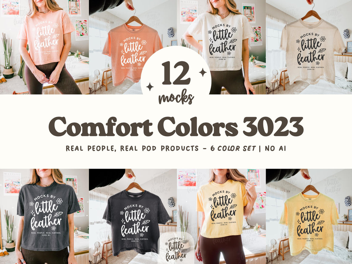 Boxy crop T-shirts mockup collage with hanging shirts and front views