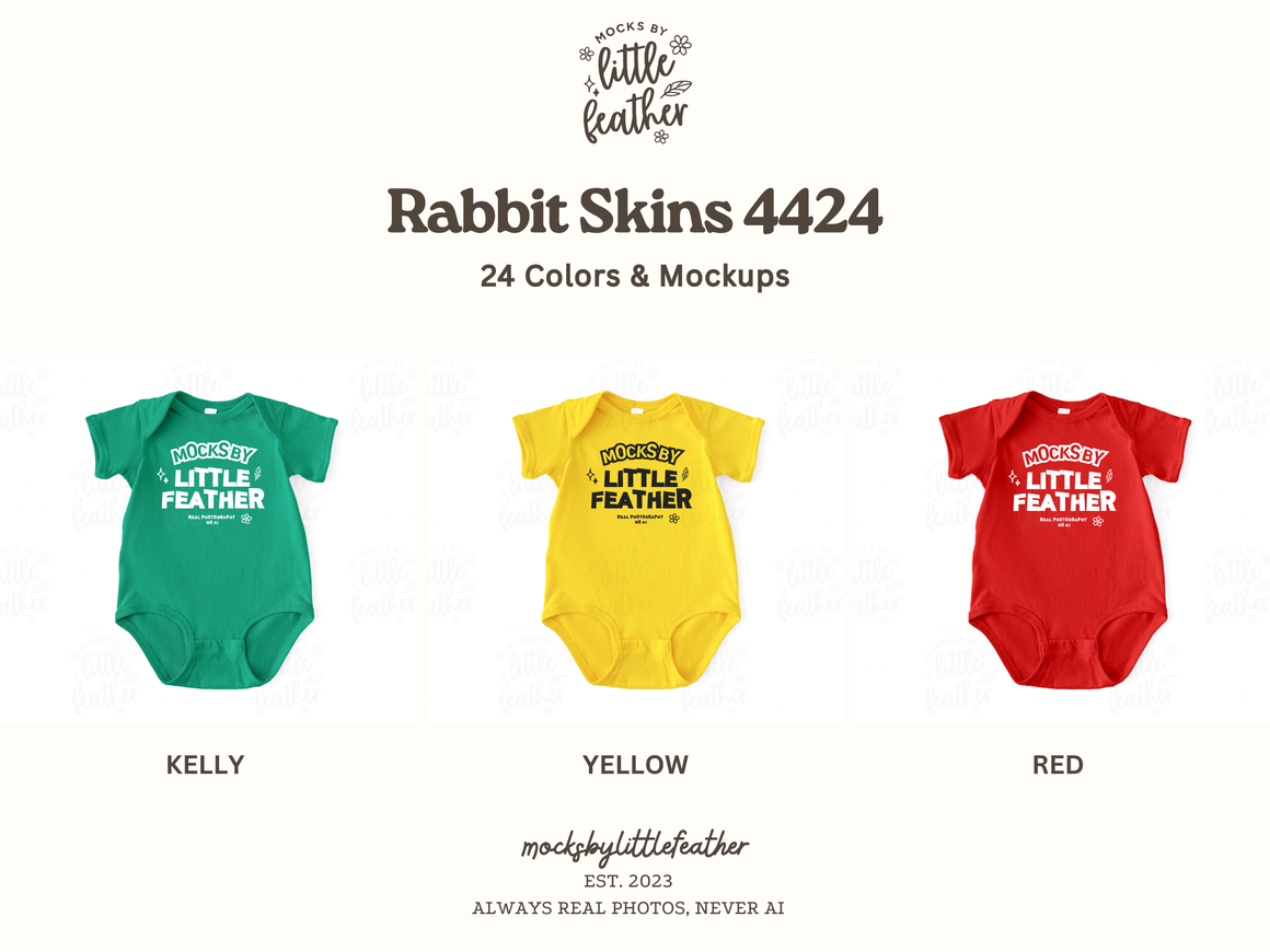 three baby onesies in different colors: green, yellow, and red.