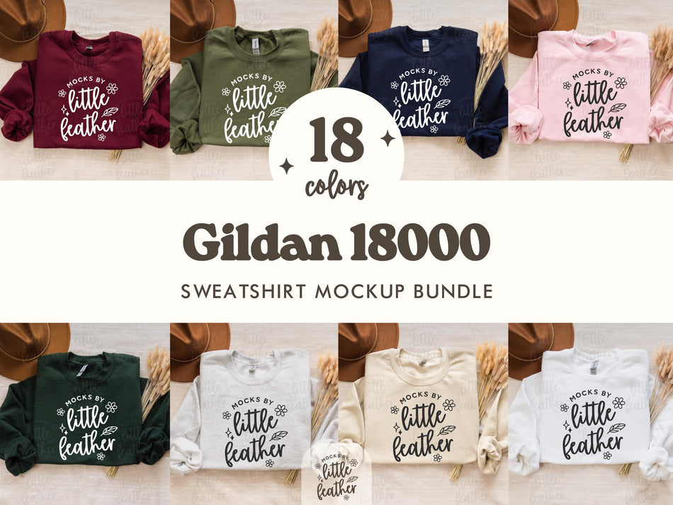 Crewneck sweatshirt bundle, folded flat lays showing assorted maroon, green, and blue crewnecks