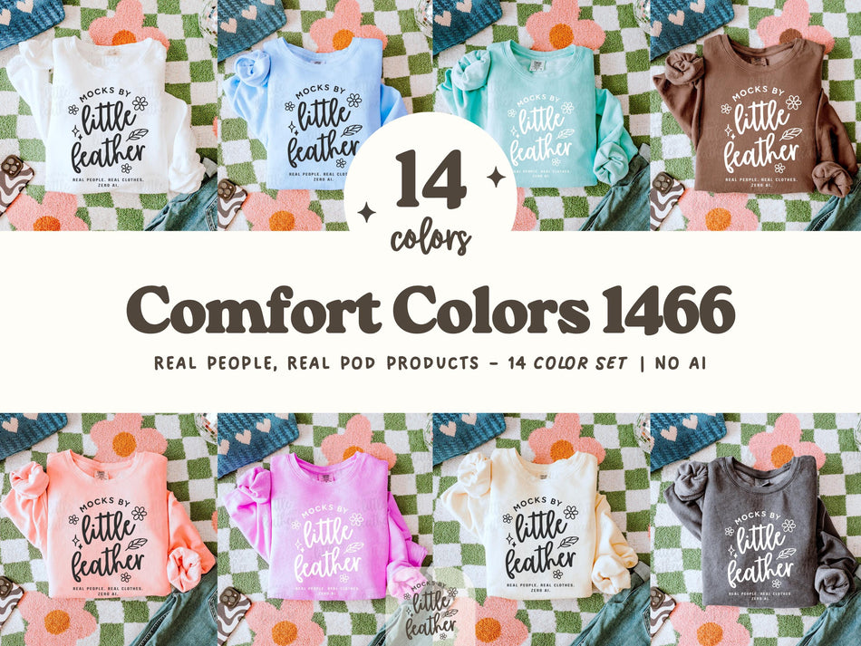 Sweatshirt mockup bundle showing 14 folded sweatshirt colors in a flat lay grid