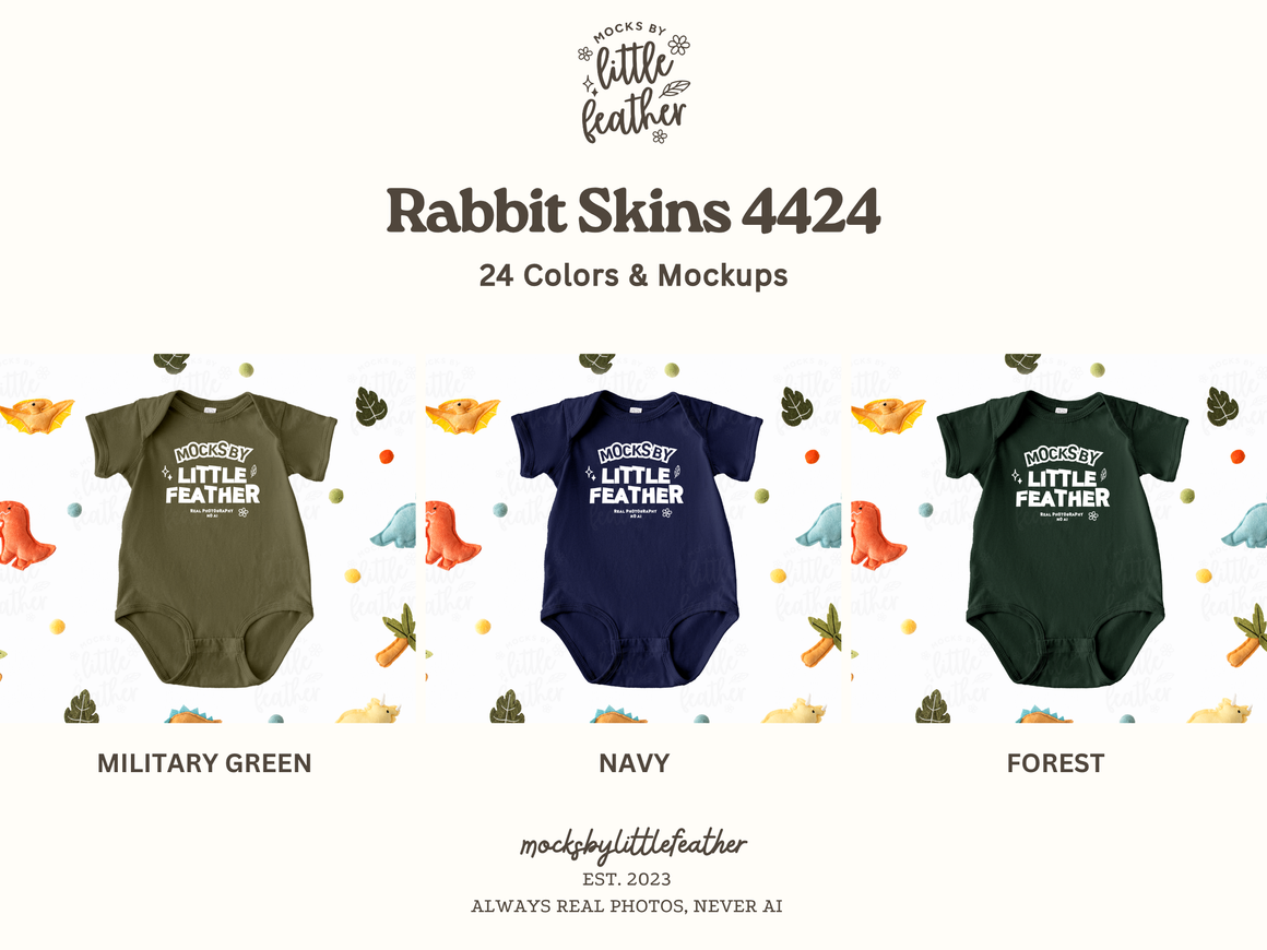 The image is a collection of baby onesies in various colors, including green, navy blue, and forest green, displayed against a background with bird and leaf patterns.