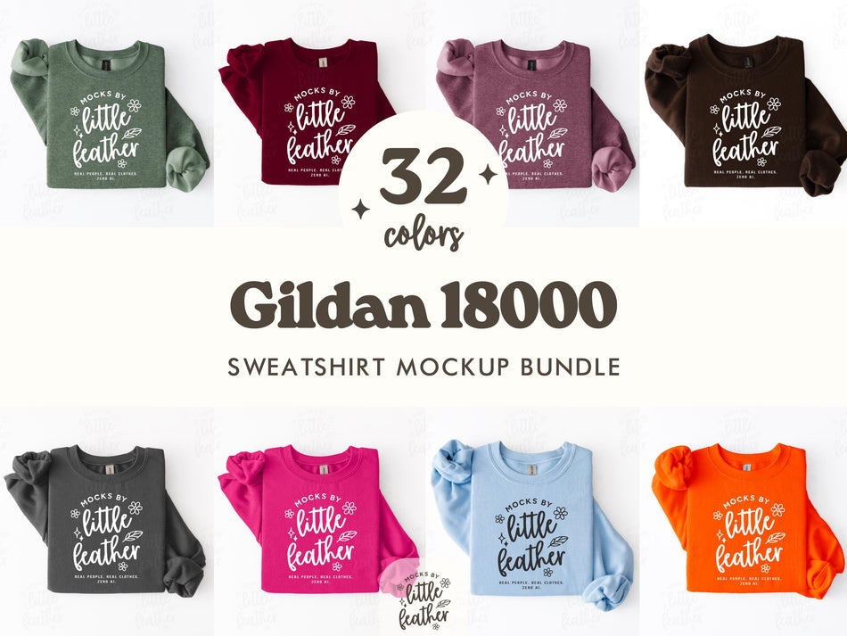 Gildan 18000 crewneck sweatshirt mockups, folded sweatshirts in multiple colors
