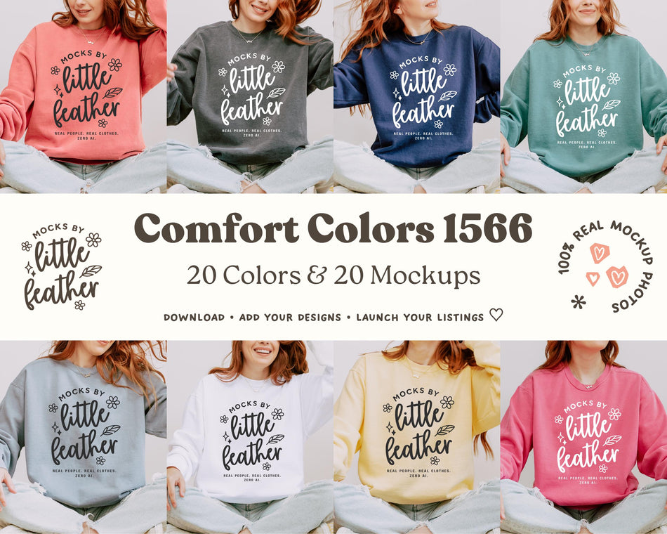 Crewneck sweatshirt mockup set with little feather graphic on pink, blue, and green tops