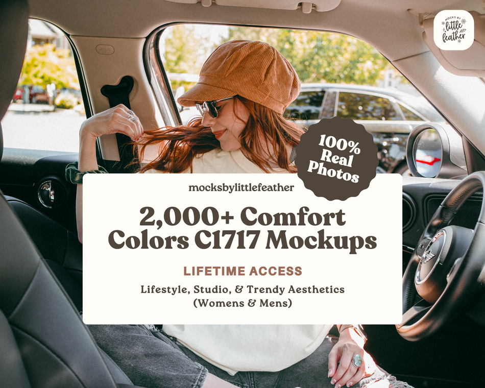 White unisex T-shirt on model with comfort colors C1717 mockup bundle promo overlay