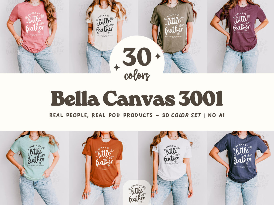 Print on Demand mockup bundle for Bella Canvas 3001. Includes 30 colors of a Model wearing t-shirts in front of a plain background. Perfect for Etsy POD sellers or print-on-demand sellers who sell on Shopify and other platforms. Mock-Up Bundle of a real model wearing the real shirts, no ai! High-quality mock ups by MocksByLittleFeather.