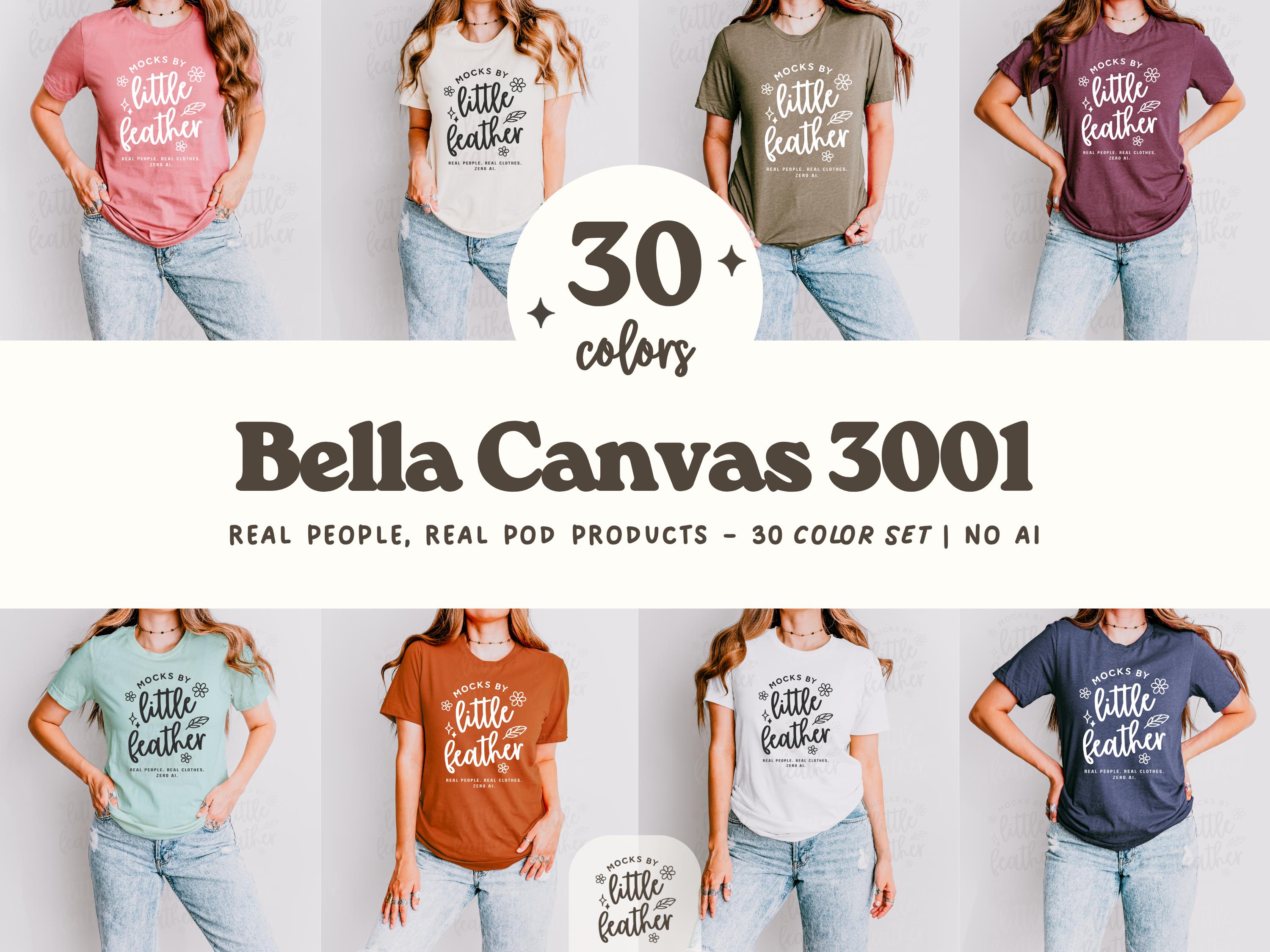 Print on Demand mockup bundle for Bella Canvas 3001. Includes 30 colors of a Model wearing t-shirts in front of a plain background. Perfect for Etsy POD sellers or print-on-demand sellers who sell on Shopify and other platforms. Mock-Up Bundle of a real model wearing the real shirts, no ai! High-quality mock ups by MocksByLittleFeather.