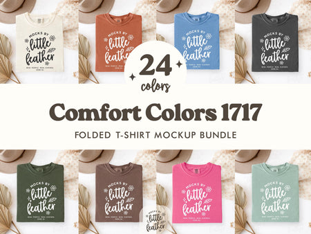 Comfort Colors 1717 Folded Flat Lay Mockup in a Clean Simple Boho set up. Real Product, No Ai. Mockup By MocksByLittleFeather. Little Feather Mocks.