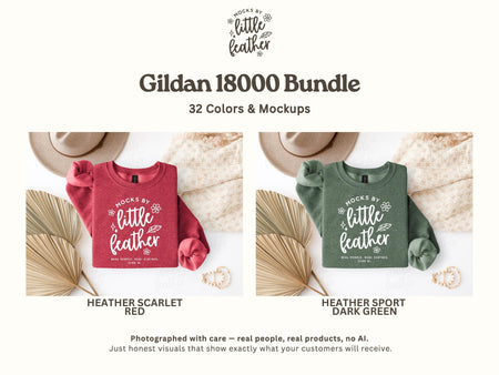 The image is a collage of two images, each featuring a different colored shirt with the text "MOCKS BY LITTLE FEATHER" printed on it. The shirts are displayed on a white background, with a hat and some leaves in the background.
