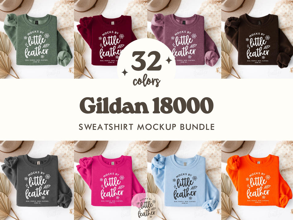 Crewneck sweatshirt mockup bundle with folded sweatshirts and front graphic print in assorted colors