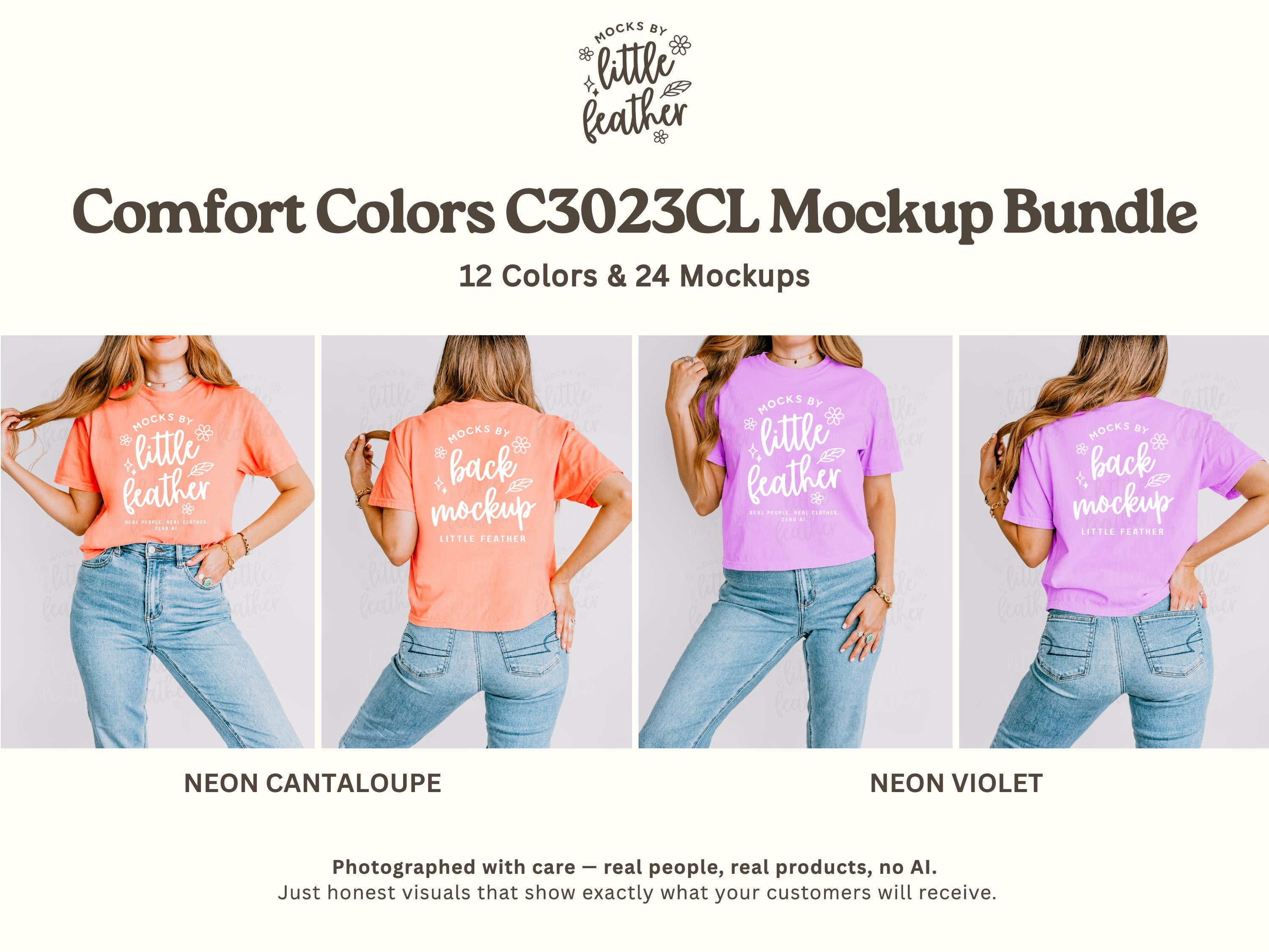 Boxy crop T-shirt mockups on model, neon orange and neon violet prints