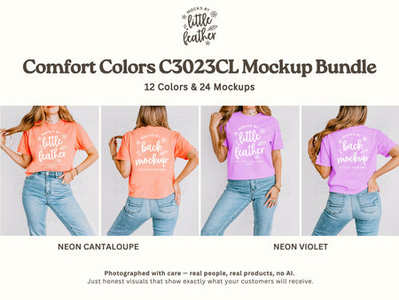 Boxy crop T-shirt mockups on model, neon orange and neon violet prints
