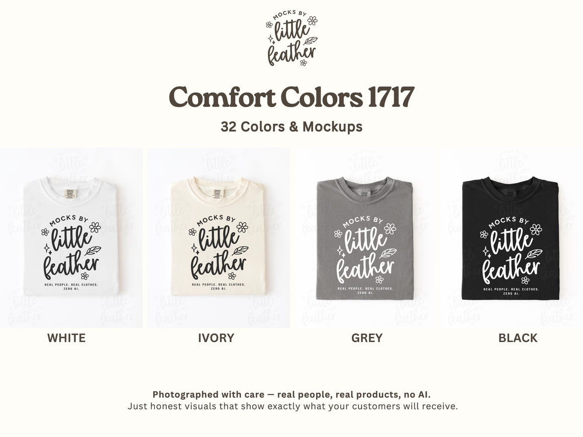 Folded crewneck t-shirts in white, ivory, grey, and black, flat lay mockups