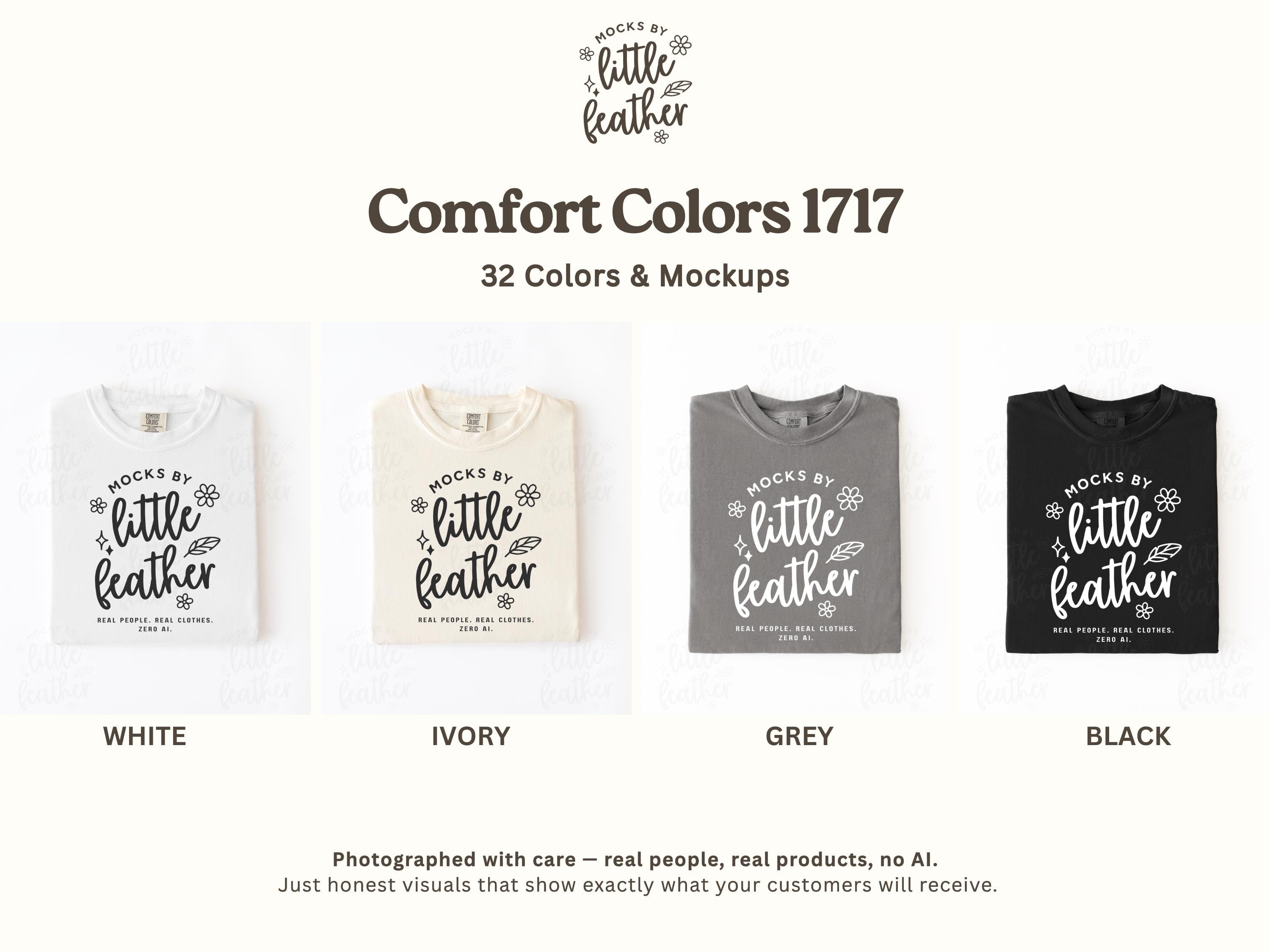 Folded crewneck t-shirts in white, ivory, grey, and black, flat lay mockups