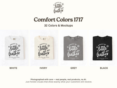 Folded crewneck t-shirts in white, ivory, grey, and black, flat lay mockups