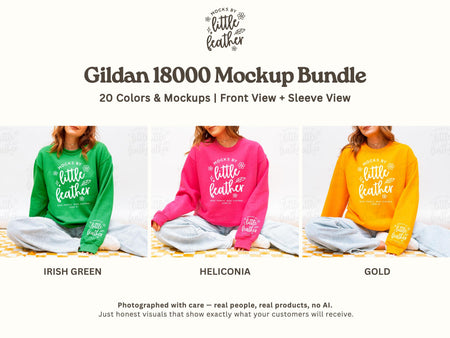 Gildan 18000 Mockup Bundle featuring 20 cozy crewneck sweater colors including Irish Green, Heliconia, and Gold.
