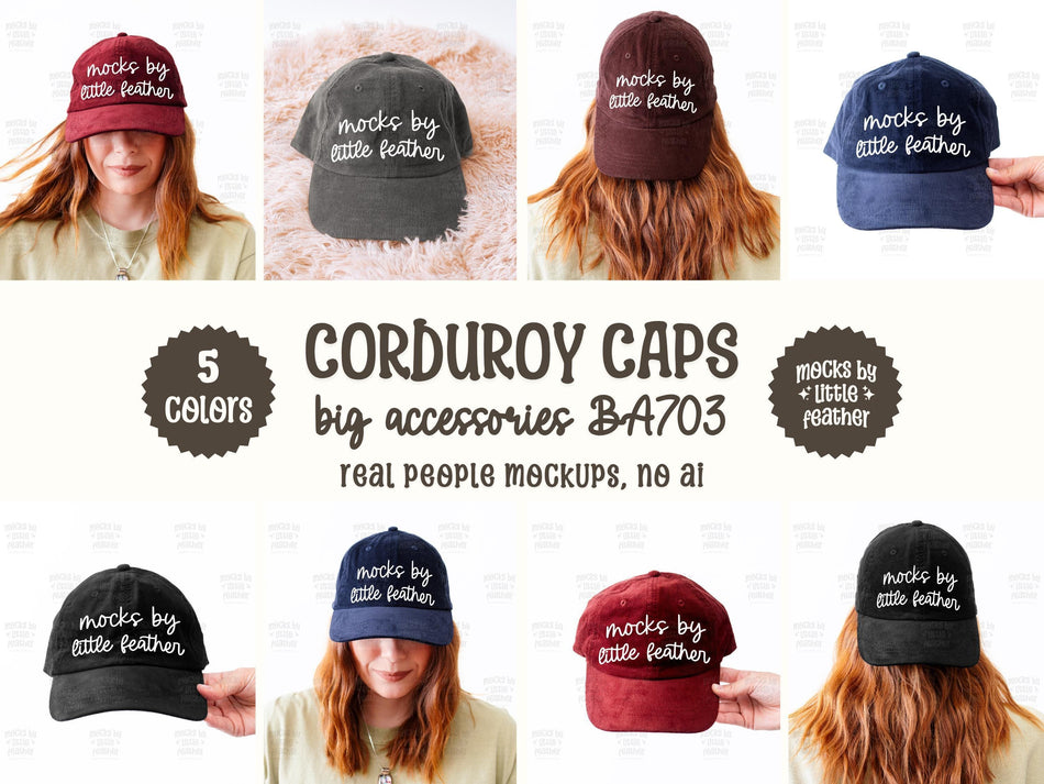 Corduroy cap bundle showing five corduroy caps in red, gray, burgundy, navy, and black