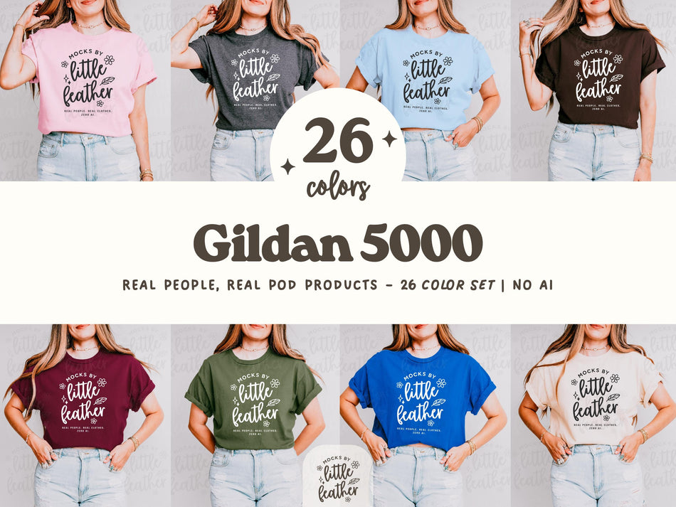 T-shirt mockup bundle with front prints and 26-colors badge