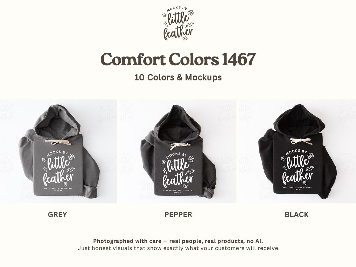 The image is a collage of three images showing different shades of grey hooded sweatshirts with the text "MOCKS BY LITTLE FEATHER" printed on them.