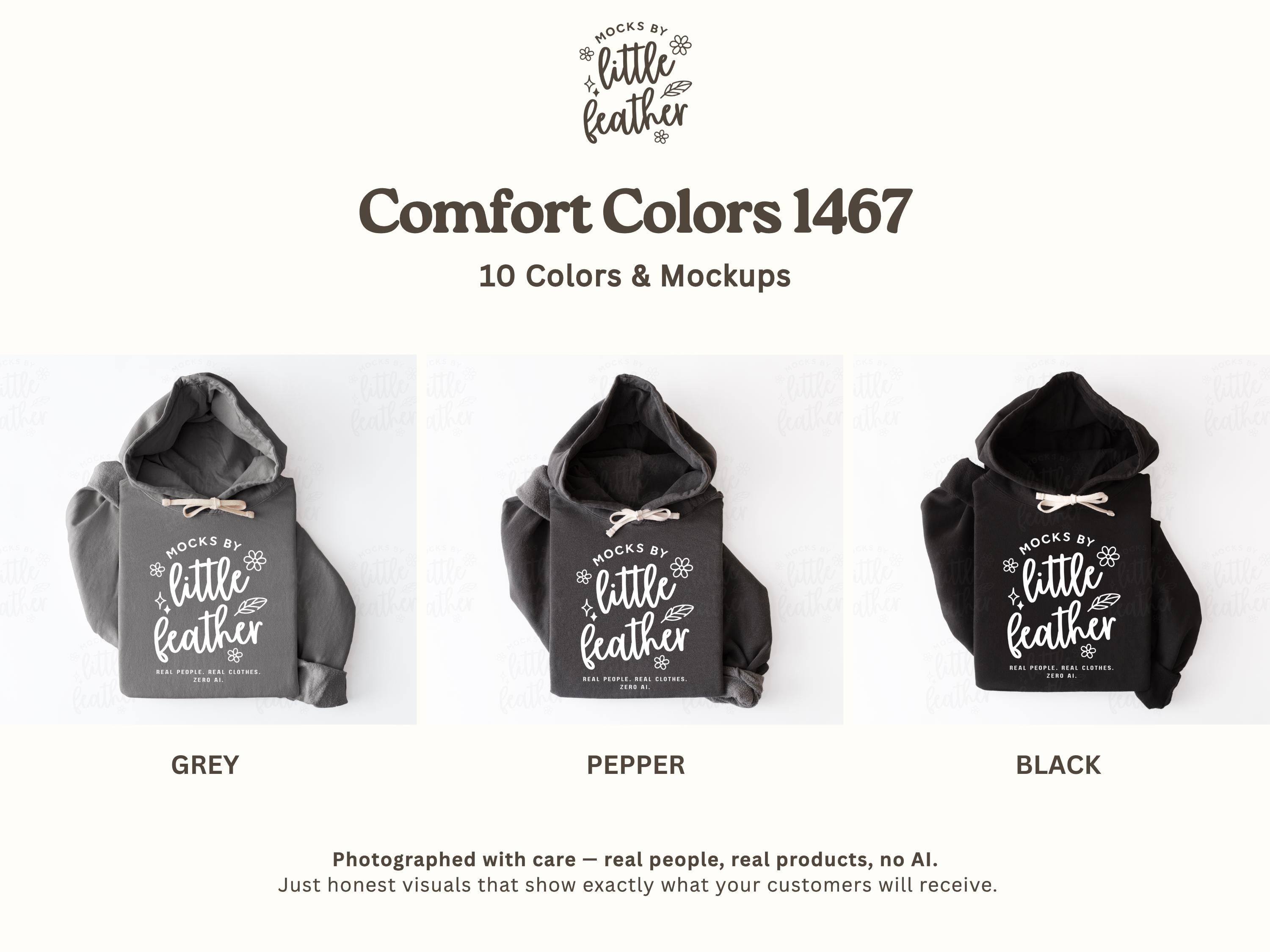 The image is a collage of three images showing different shades of grey hooded sweatshirts with the text "MOCKS BY LITTLE FEATHER" printed on them.