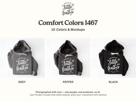 The image is a collage of three images showing different shades of grey hooded sweatshirts with the text "MOCKS BY LITTLE FEATHER" printed on them.