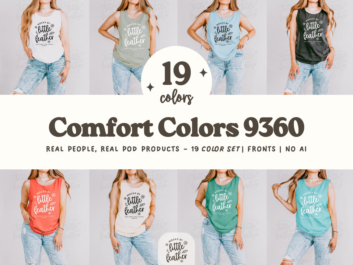 Comfort Colors 9360 tank top mockup bundle featuring 19 front-view mockups in a clean studio setting. This trendy and aesthetic C9360 mockup set by MocksByLittleFeather showcases real people (no AI) wearing Comfort Colors CC 9360 tanks in various popular colors—perfect for Etsy, print-on-demand shops, and POD sellers looking for minimal, high-quality apparel mockups.