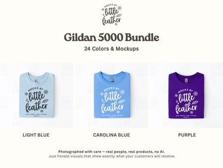 a collection of three t-shirts in different colors: light blue, dark blue, and purple.