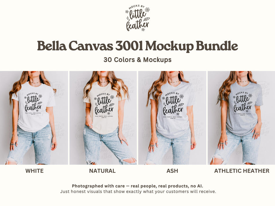 T-shirt mockup bundle with white, natural, ash, and athletic heather shirts