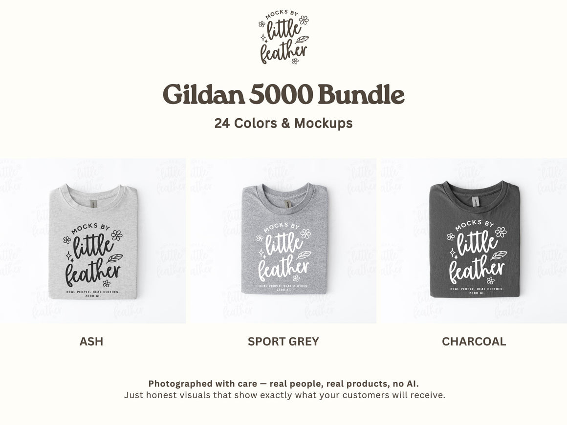 The image is a collage of three different t-shirt designs, each with a unique color and style, showcasing the Gildan 50000 Bundle.