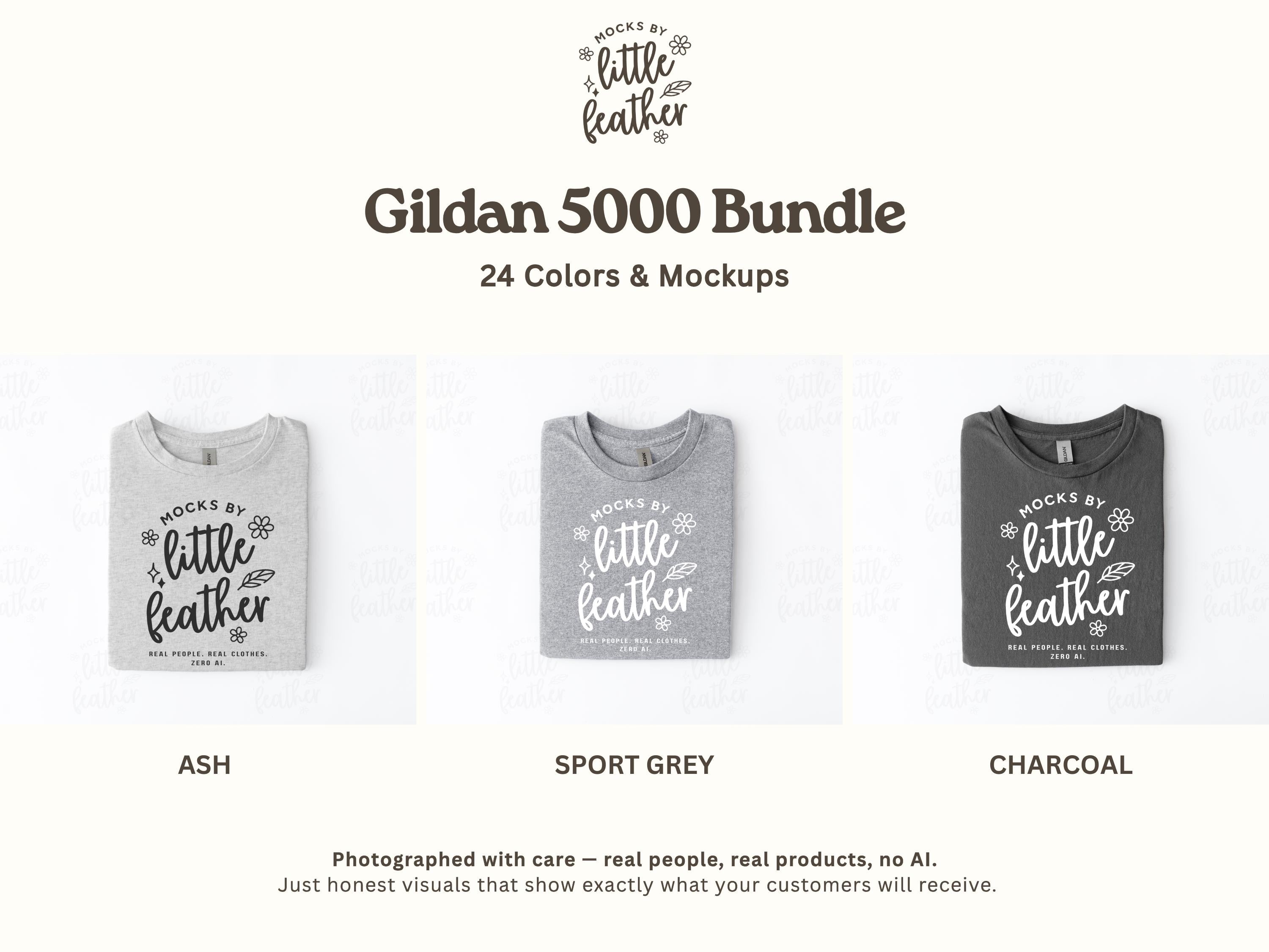 The image is a collage of three different t-shirt designs, each with a unique color and style, showcasing the Gildan 50000 Bundle.
