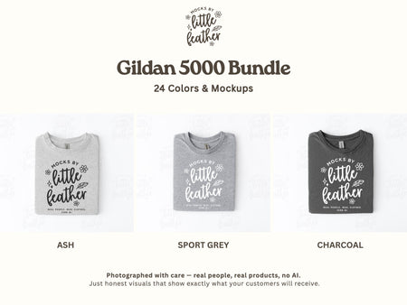 The image is a collage of three different t-shirt designs, each with a unique color and style, showcasing the Gildan 50000 Bundle.