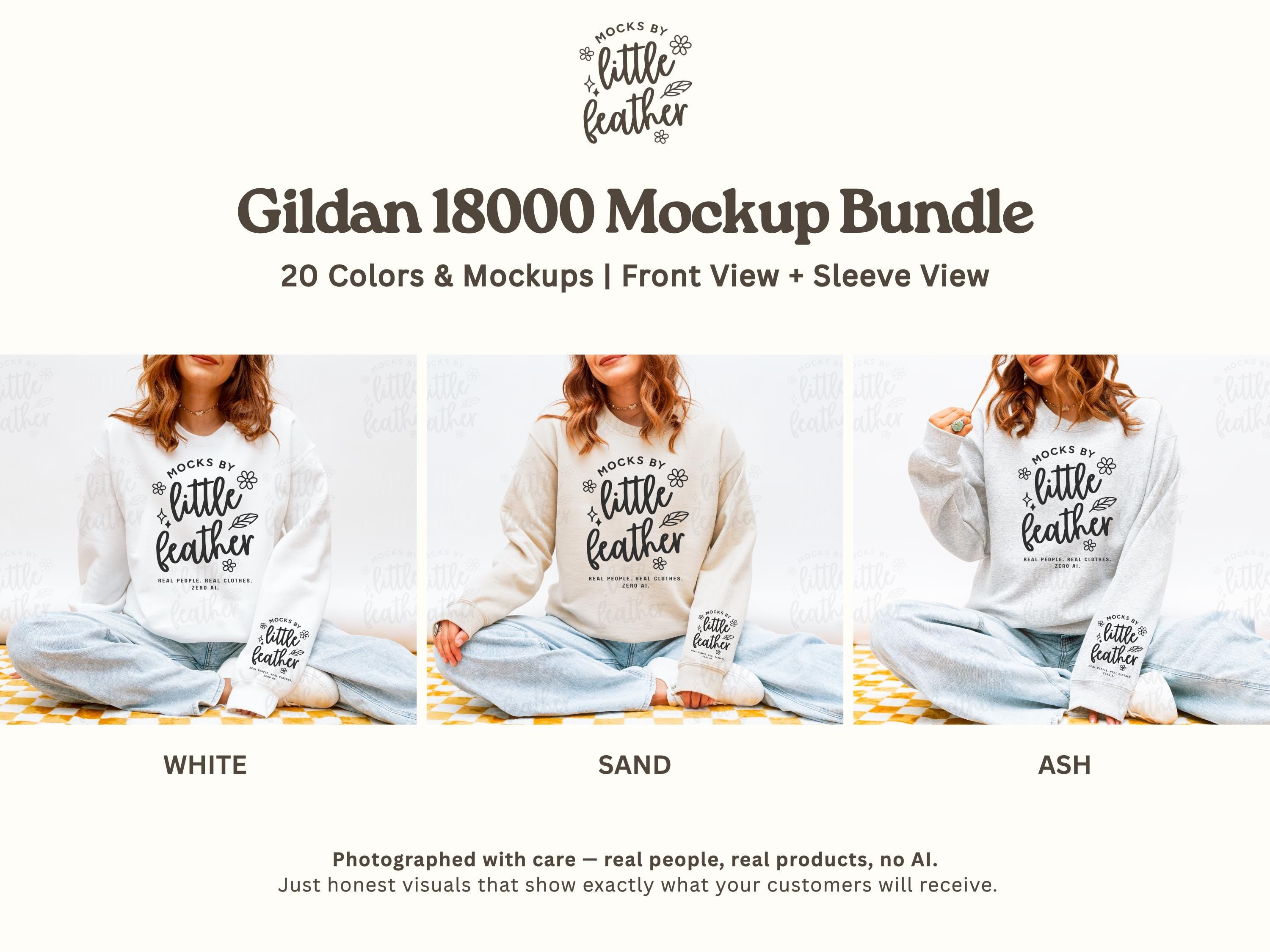 Gildan 18000 Mockup Bundle featuring 20 color options with front view and sleeve mockup variations. This high-quality sweatshirt mockup set includes cozy crewneck sweaters in shades like White, Sand, and Ash, captured in a bright studio setting. Each mockup showcases a real model, no AI, and provides a clear sleeve view ideal for detailed designs. Created by MocksByLittleFeather, this Mockup Bundle is perfect for those seeking simple, trendy, scroll-stopping visuals for their shop.